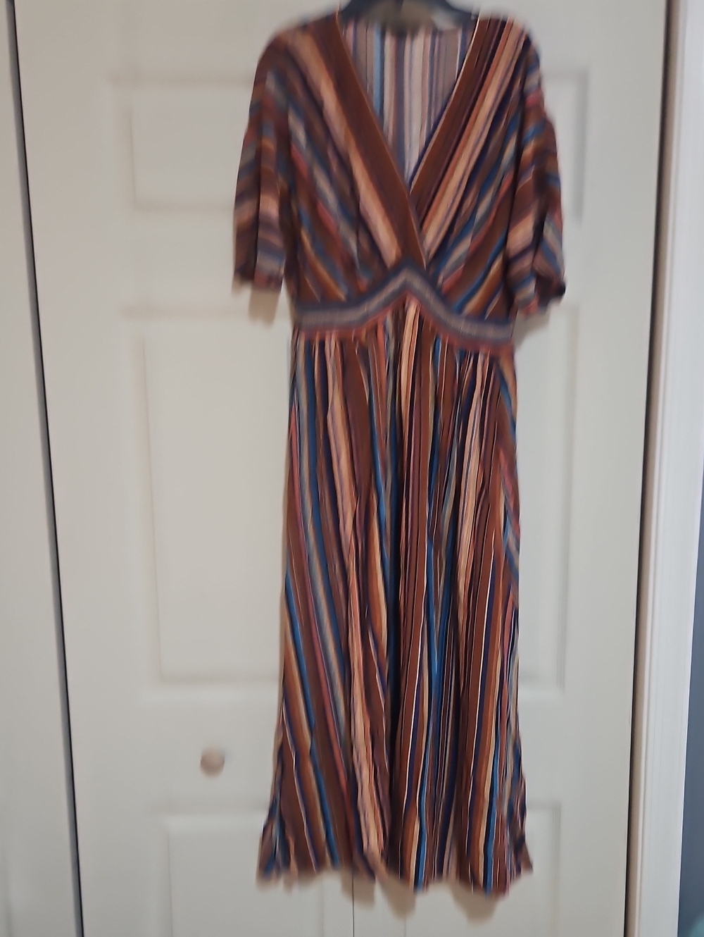 BloomChic Striped V-Neck Maxi Dress in Brown, Blue, Cream